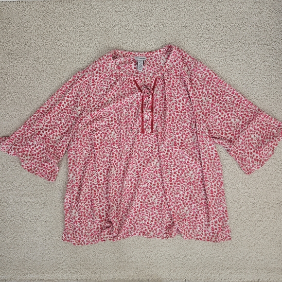 Catherines Tops - Catherines Blouse Lightweight Pink Leopard Lace Up 3/4 Sleeve Ruffle Womens 4x